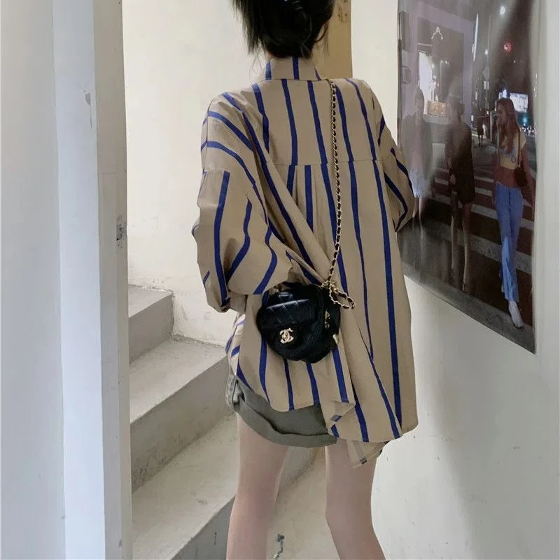 Korean New Spring and Autumn Women\'s 2024 New Patchwork Polo Collar Button Striped Fashion Loose Casual Long Sleeved Shirts