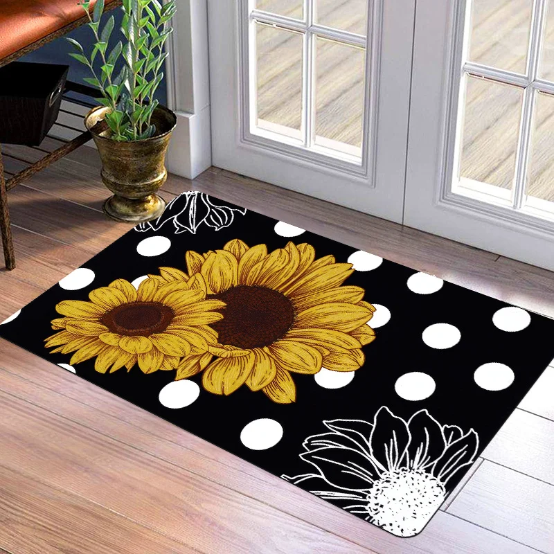 

1 Sunflower Print Doormat, Non-Slip, Indoor/Outdoor Use, Black, White Polka Dots and Yellow Sunflower Pattern