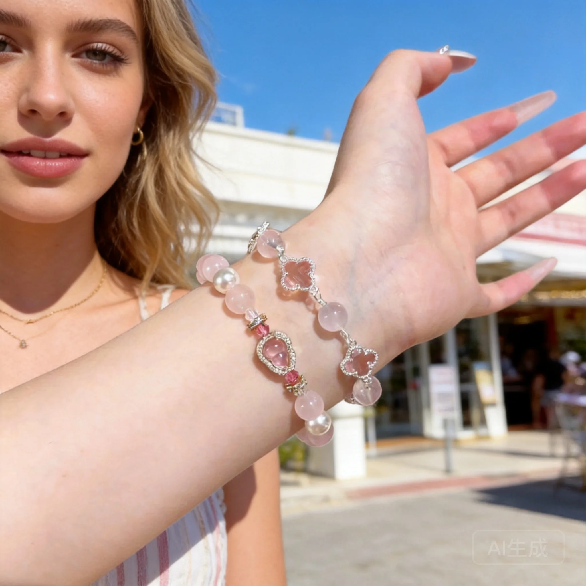 2026 New Natural Rose Quartz Beaded Bracelets For Women Cute Gourd Four Leaf Clover Charm Bracelet For Daily Wear Party Dating