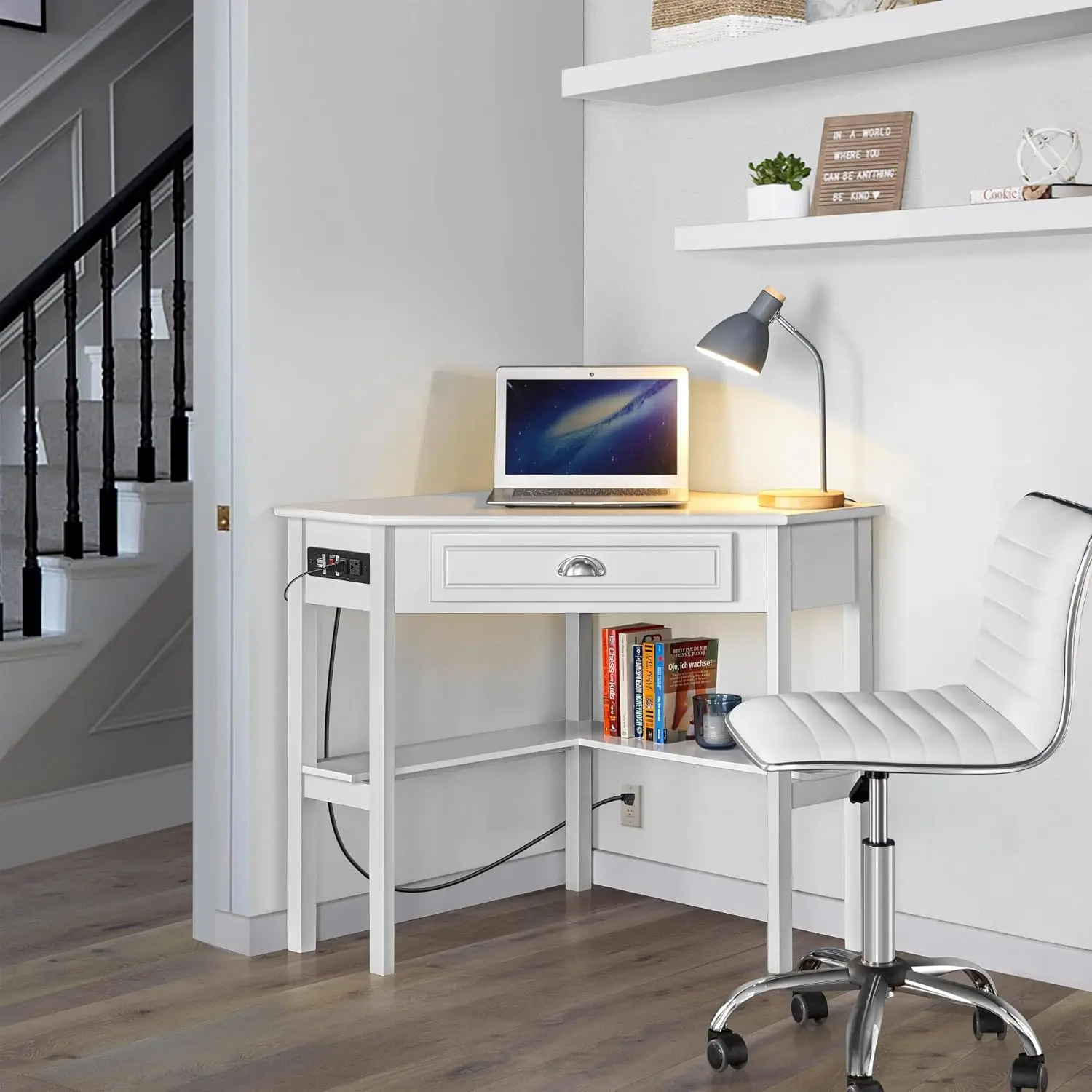 Small White Corner Desk With Built-in Outlet Drawer Shelf, Customized