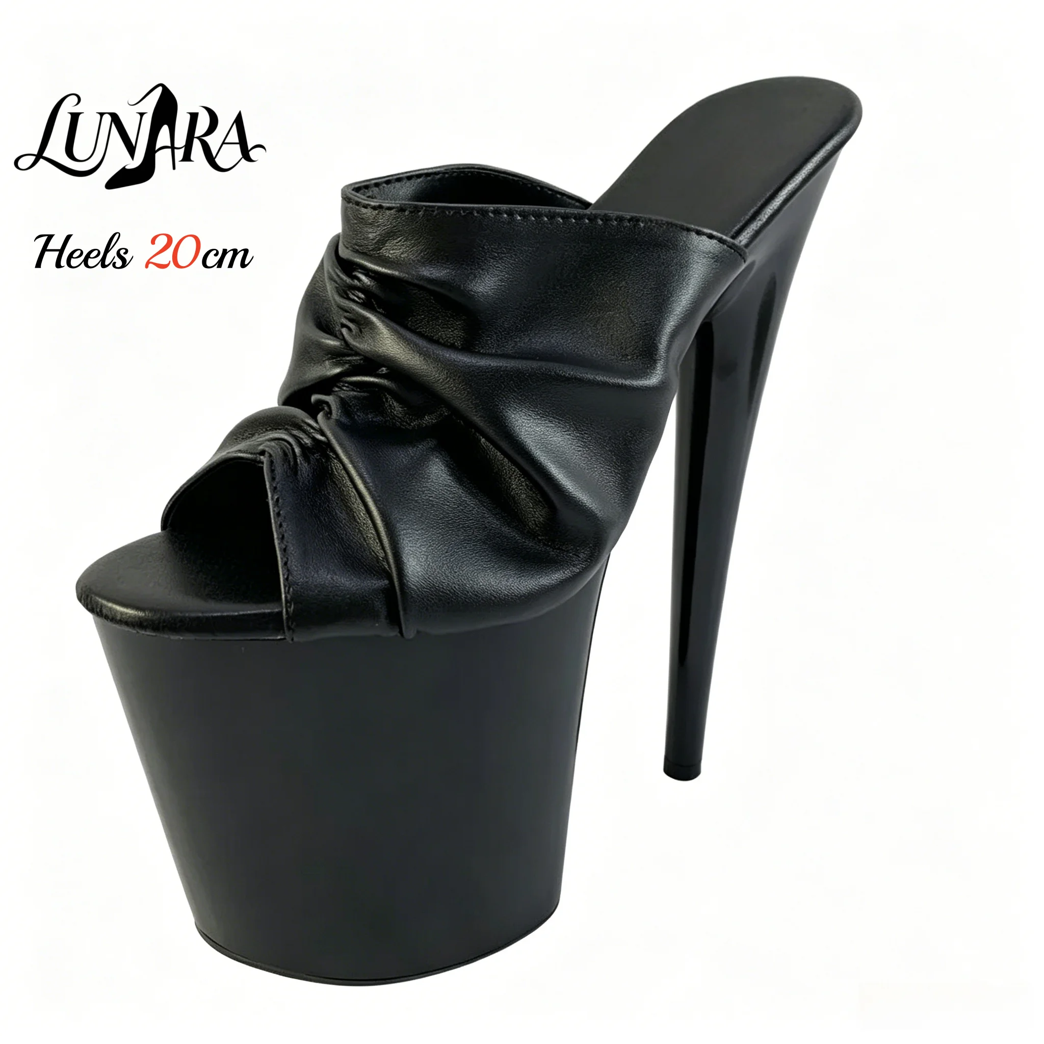 Ladies 20cm/8Inch Black Ruched Open Toe Backless Mules Platform Stiletto Heel Stripper shoes Pole dance Nightclubs Raves Parties