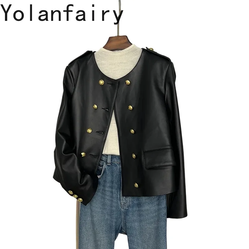 YOLANFAIRY Round Neck Short Genuine Leather Coat Women Double Breasted Natural Sheepskin Jacket Female Retro Style Veste Femme