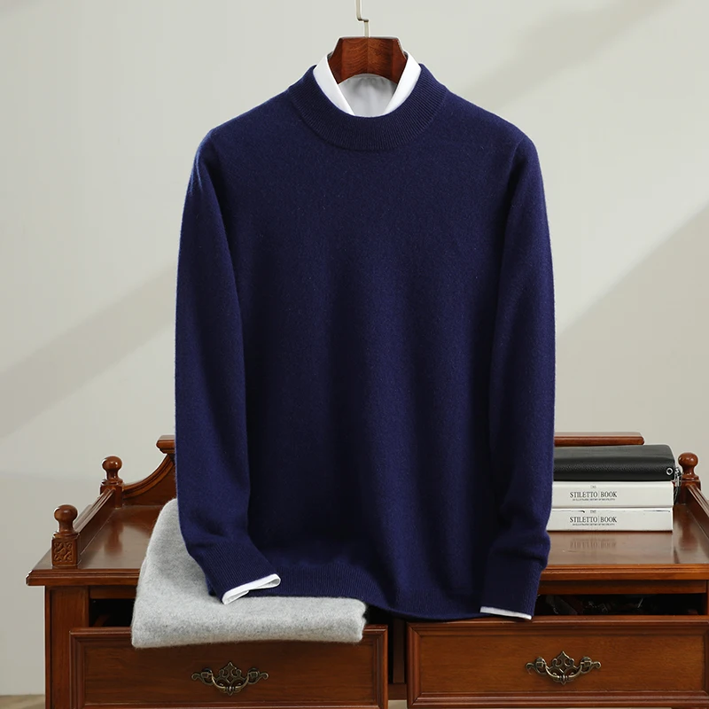 Men's Half-High Collar 100% Cashmere Sweater Autumn New Solid Color Knitted Pullovers Business Casual Loose Shirt Cashmere Top