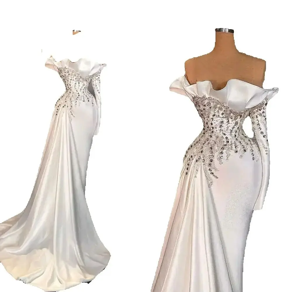 

Customized Ruffles Strapless Shinny Crystals Beads Wedding Dress Vestidos De Novia One Long Sleeve Mermaid Bridal Gowns