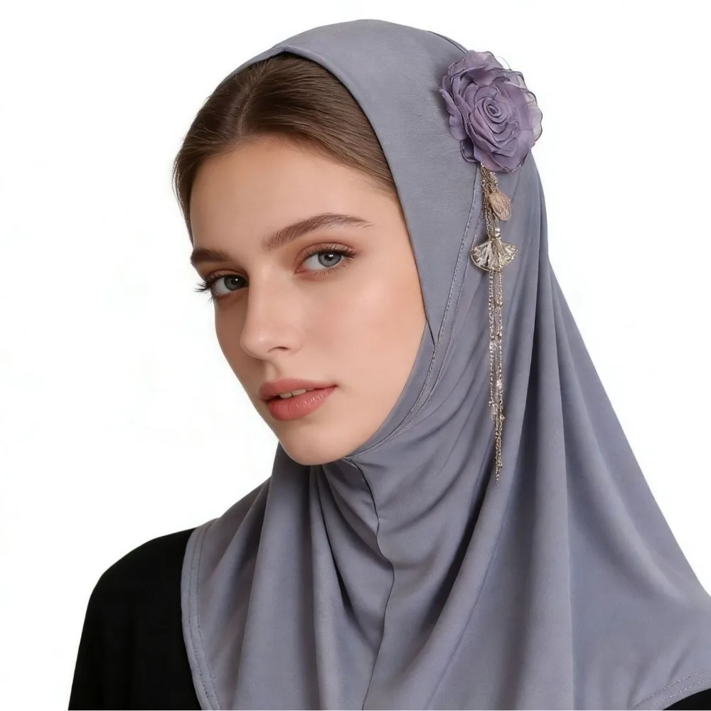 Comfort Round Edge 3D Flower Tassel Hijab Solid Color High-Elasticity Head Scarf Lightweight Stretch Headwear Festival Prayer