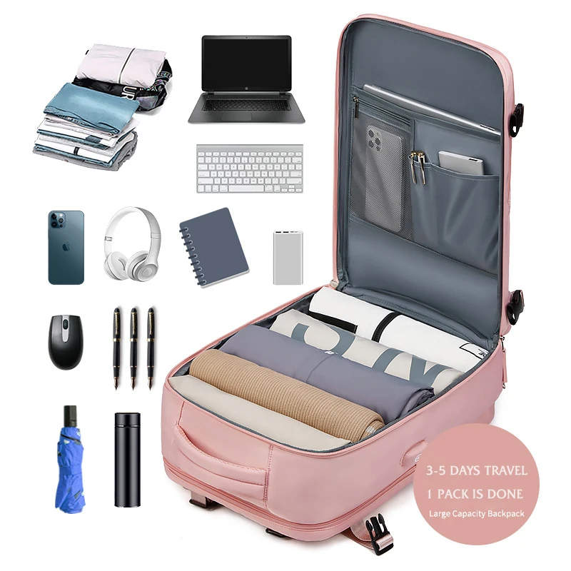 Pink Expandable Travel Backpack Women Carry on Hand Luggage Bag USB Port Laptop Backpack with Shoe Compartment