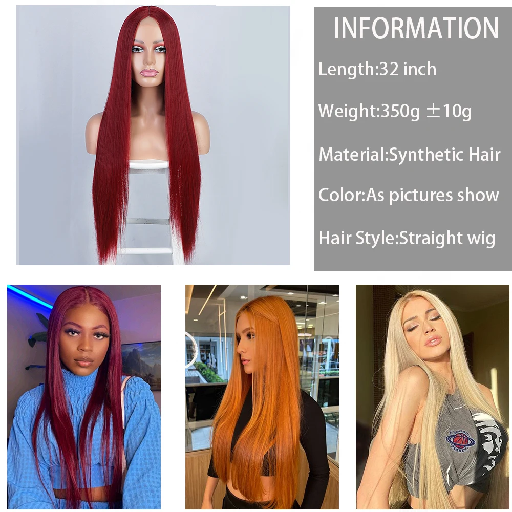 Wig lurus pirang 32 inci Wig bagian tengah Super panjang untuk penggunaan sehari-hari wanita Wig Cosplay sintetis alami serat tahan panas