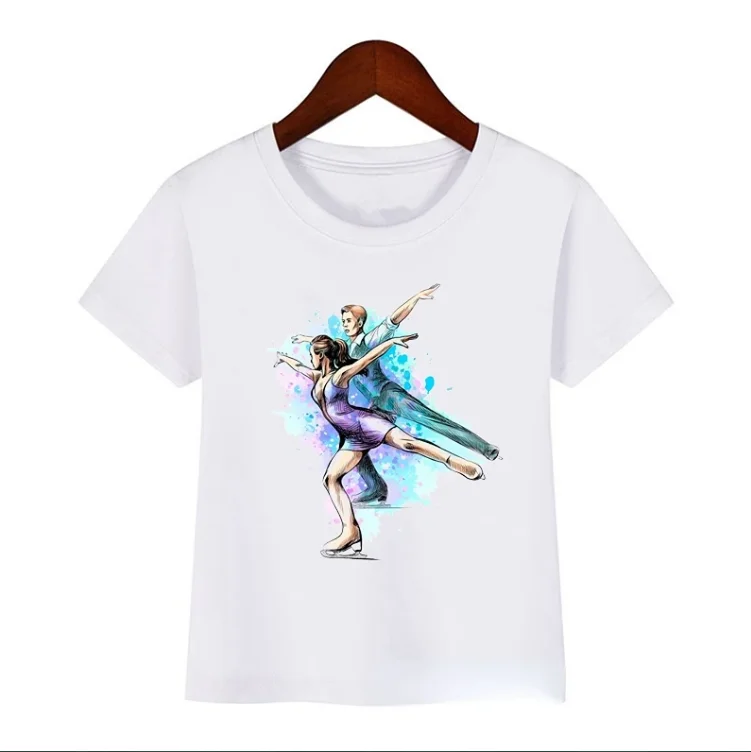 Summer Watercolor Figure Skating Art Print CuteTshirt Boys Girls Class Clothes White T Shirt  Tops