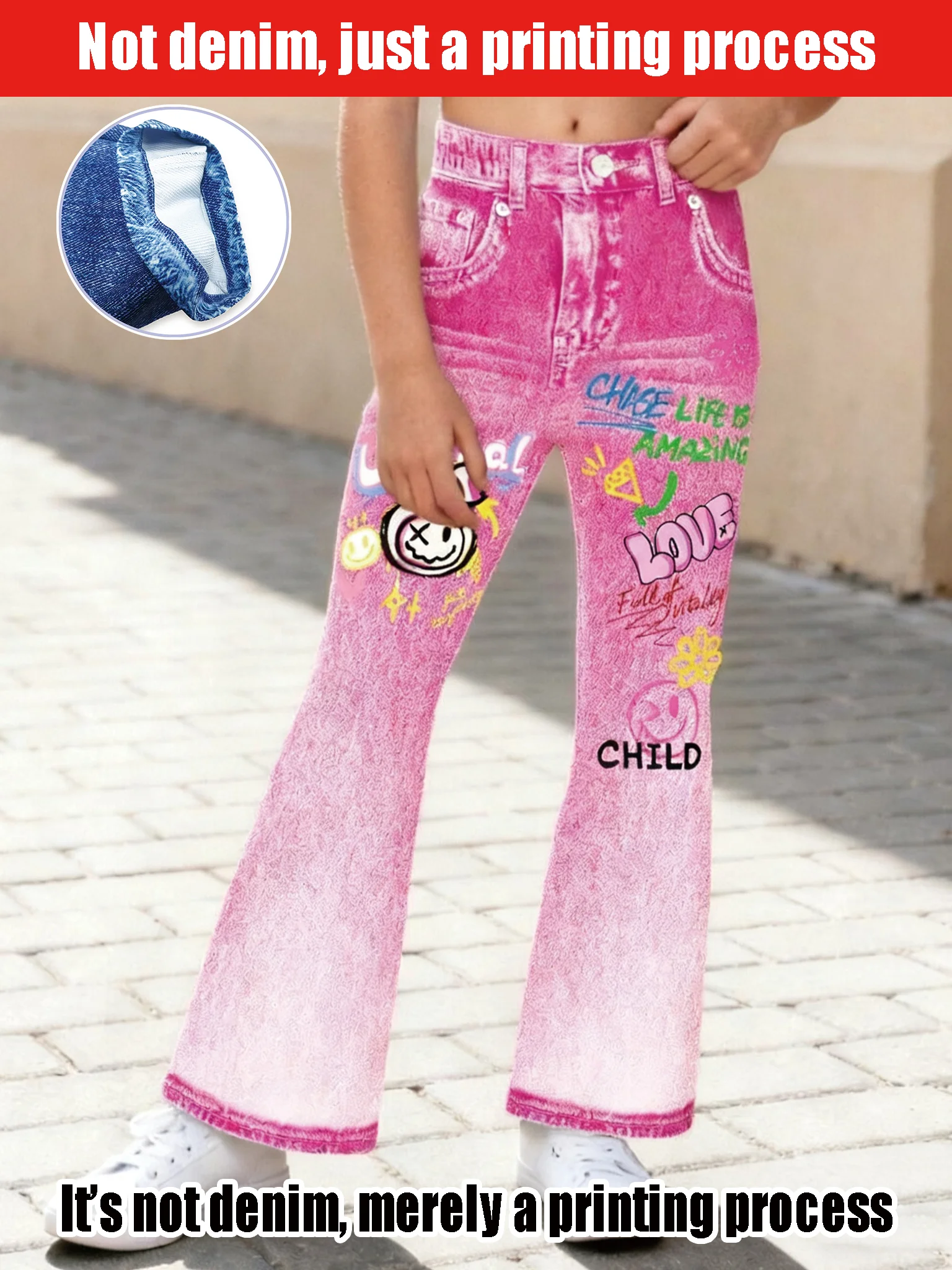 

2025 Hot-selling Girls' Pink Flared Pants Nine-point Pants, Colorful Graffiti Printing, Children's Cute Casual Imitation Jeans