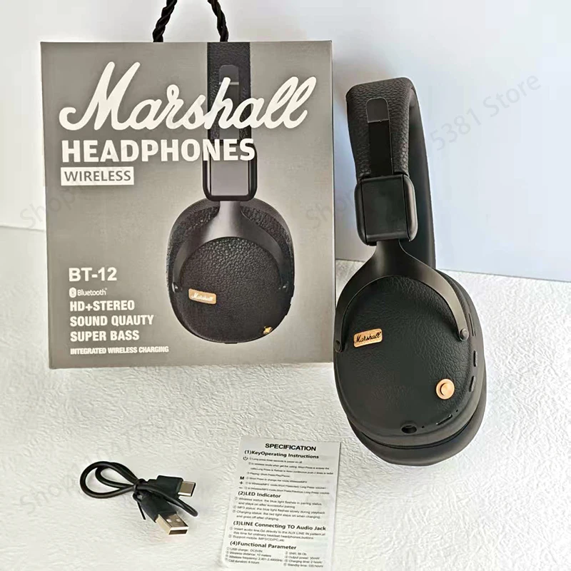 MARSHALL BT12 Wireless Headphones, Active Noise Cancellation, Hi-Fi Audio, Comfort Fit, waterproof Bluetooth Retro Music Headset