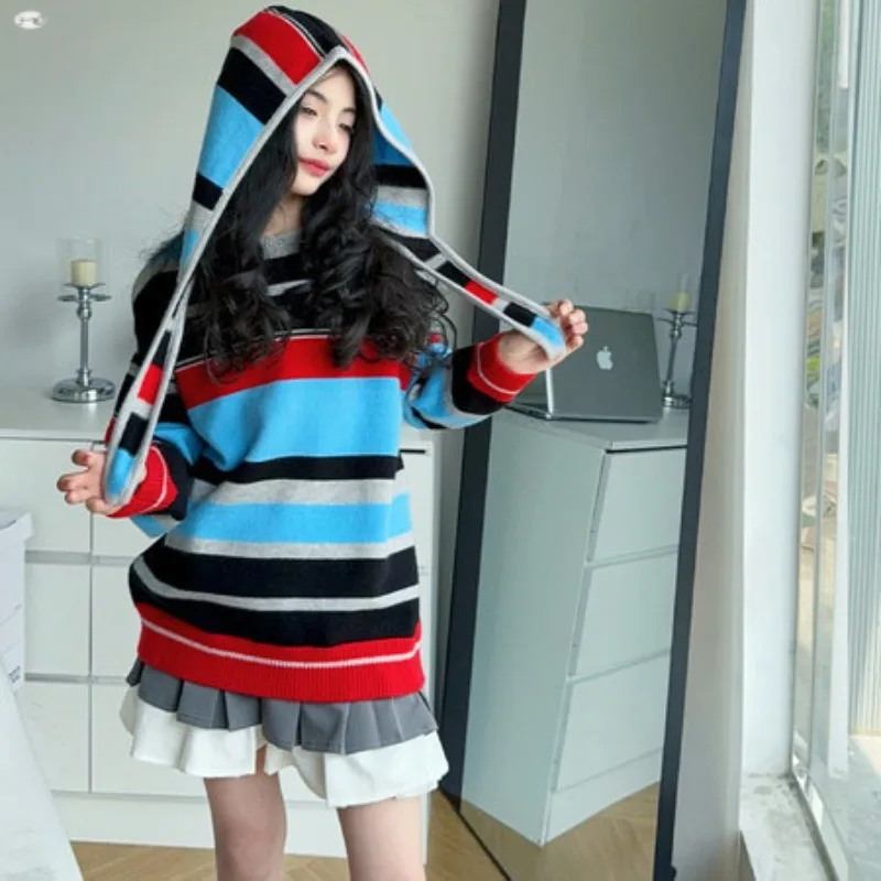 

Girls Striped Sweater 2025 New Fashion Girls Korean Version Removable Hooded Sweater Children's Versatile Top