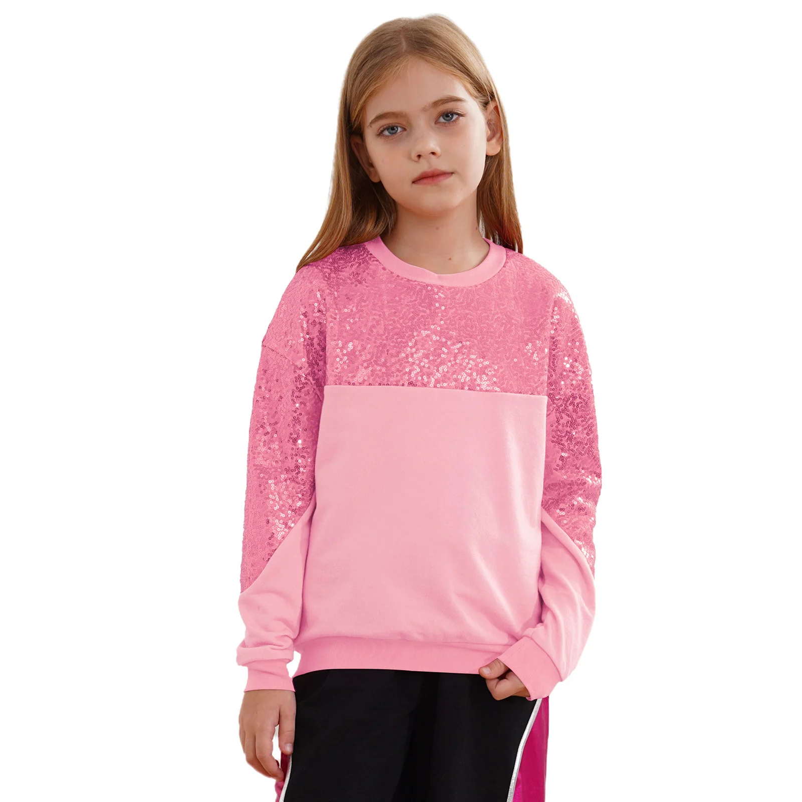 

2Pcs Kids Girls Sparkly Sequins Sweatshirt Long Sleeve Crewneck Patchwork Pullover Tops with Pants for Hip-hop Dance Streetwear