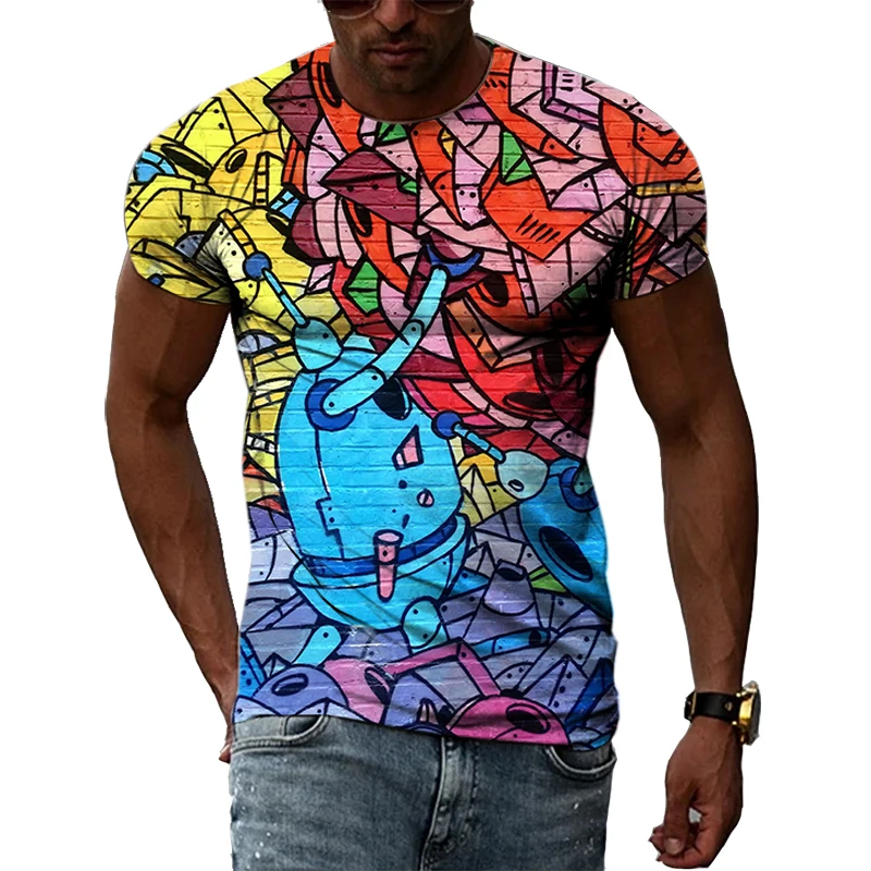 Summer Street Art Personality Graffiti 3D Harajuku Printing Creative Hip-Hop Men Women Eye-Catching Short-Sleeved O-Neck T-shirt