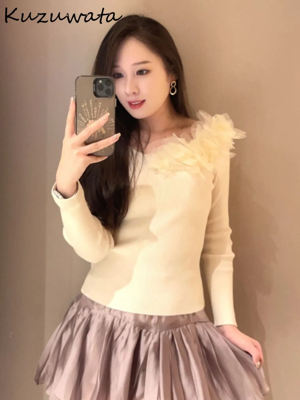 Kuzuwata Voile Fashion Slash Neck Long Sleeve Pull Femme Slim Fit Patchwork All-match Pullover Japan New Knit 3D Flower Knitted