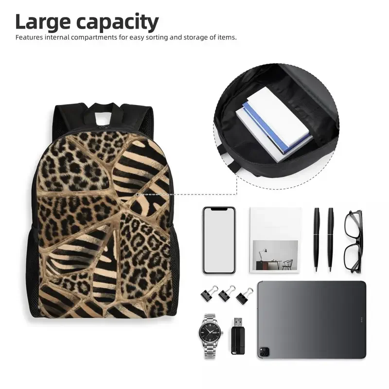 Custom Leopard And Zebra Ethnic Tribal Backpacks Leather Texture College School Travel Bags Bookbag Fits 15 Inch Laptop