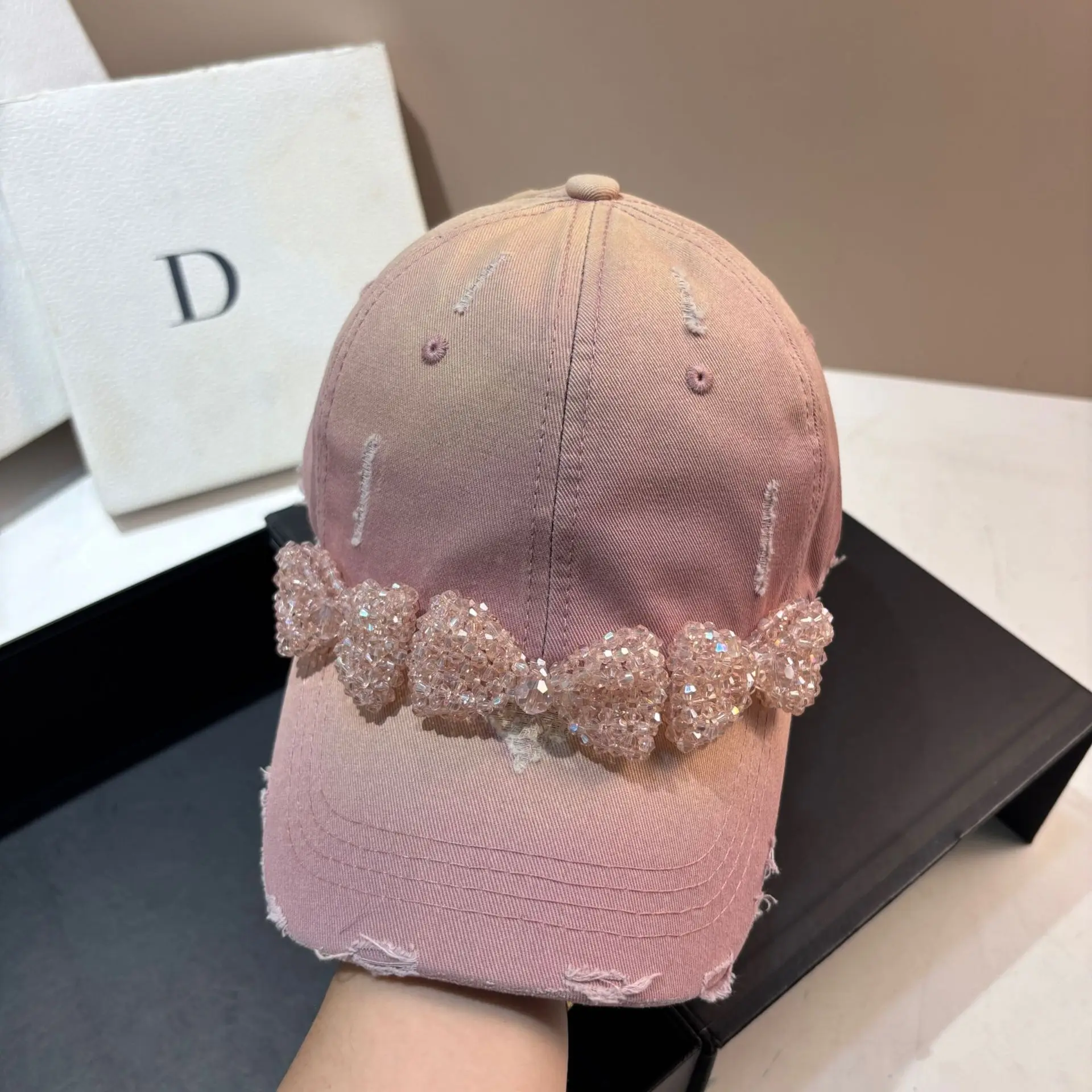 Fashion Women Diamond Bowknot Cotton Hole Baseball Cap Original Pink Sweet Girl Sunshade Visor Hat Snapback Tennis Golf Caps