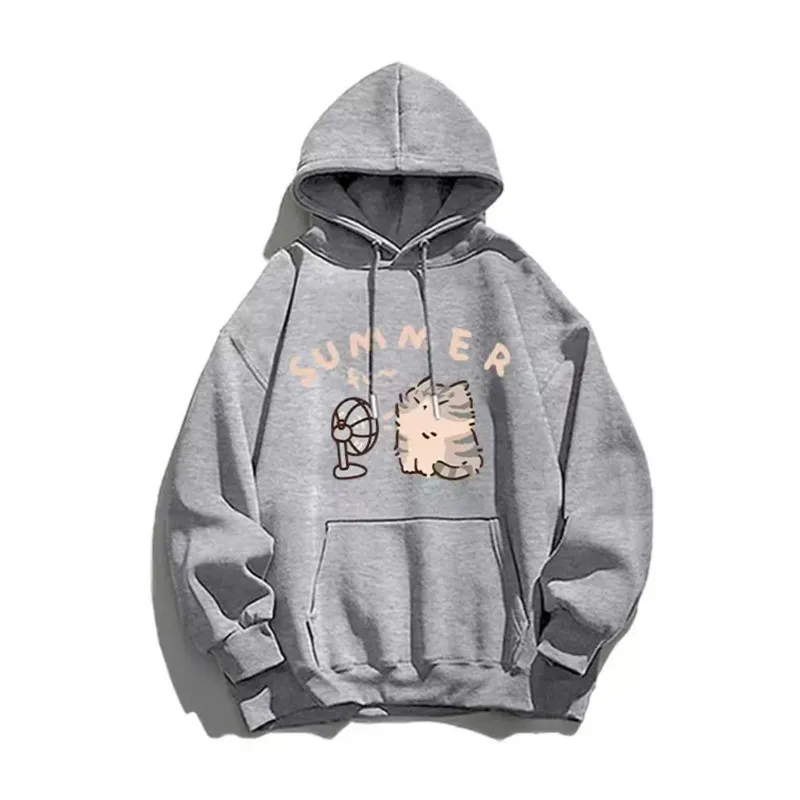 Men and women ummer relaxed Creative Blow fan Cat Hooded Sweatshirt Unisex Harajuku Street Casual Style Kawaii Long Sleeved Top