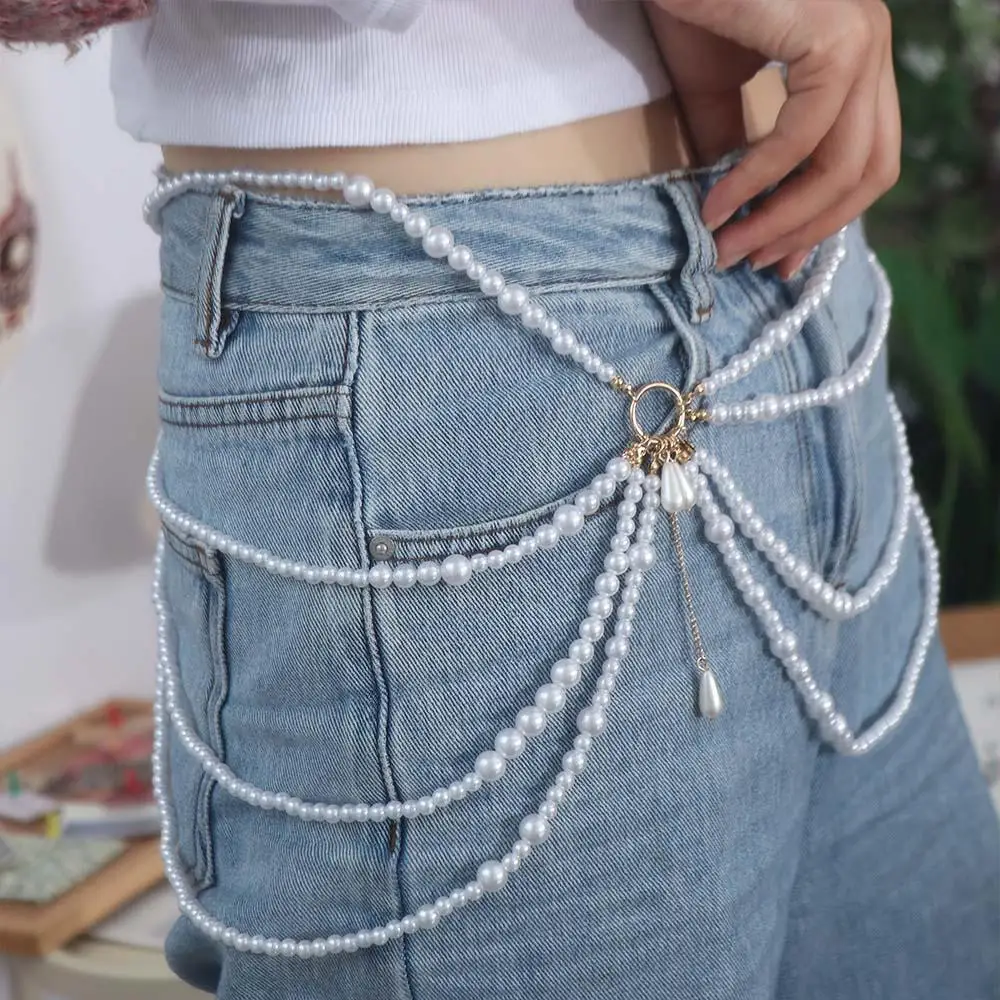 Retro Y2K Jewelry Multilayer Pearl Waist Chain Tassel Belt Sexy Body Chain All-match Korean Style Pearl Waistband Lady