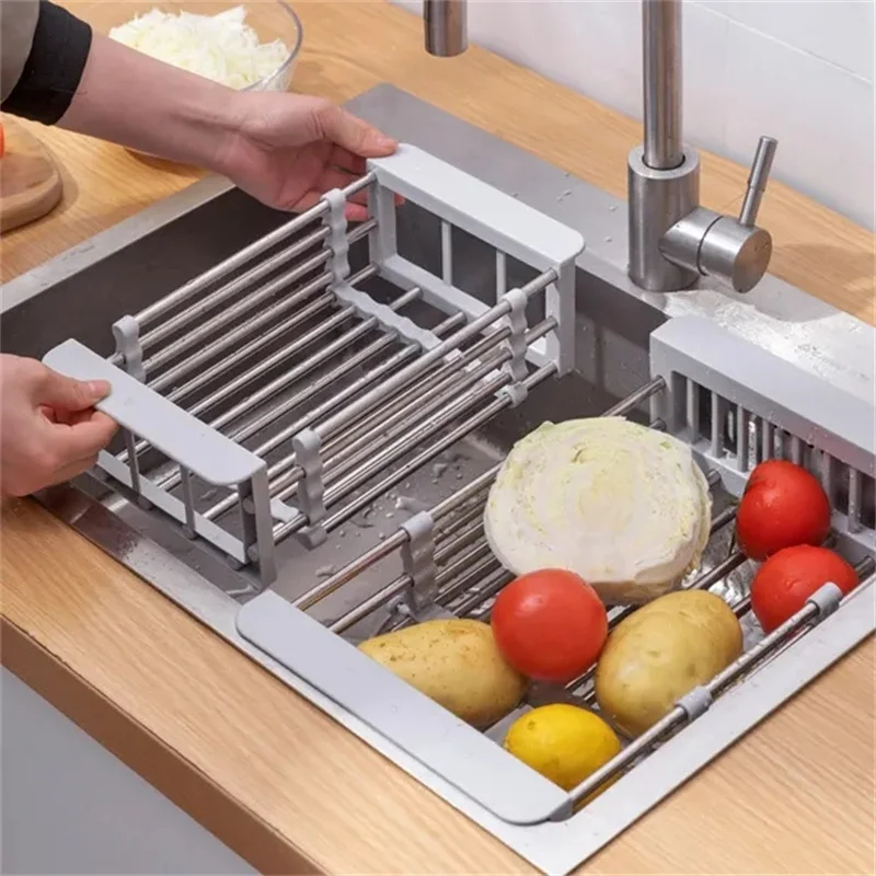 C3 Adjustable Kitchen Stainless Steel Sink Rack Telescopic Sink Dish Rack Sink Holder Organizer Fruit Vegetable Washing Drainer