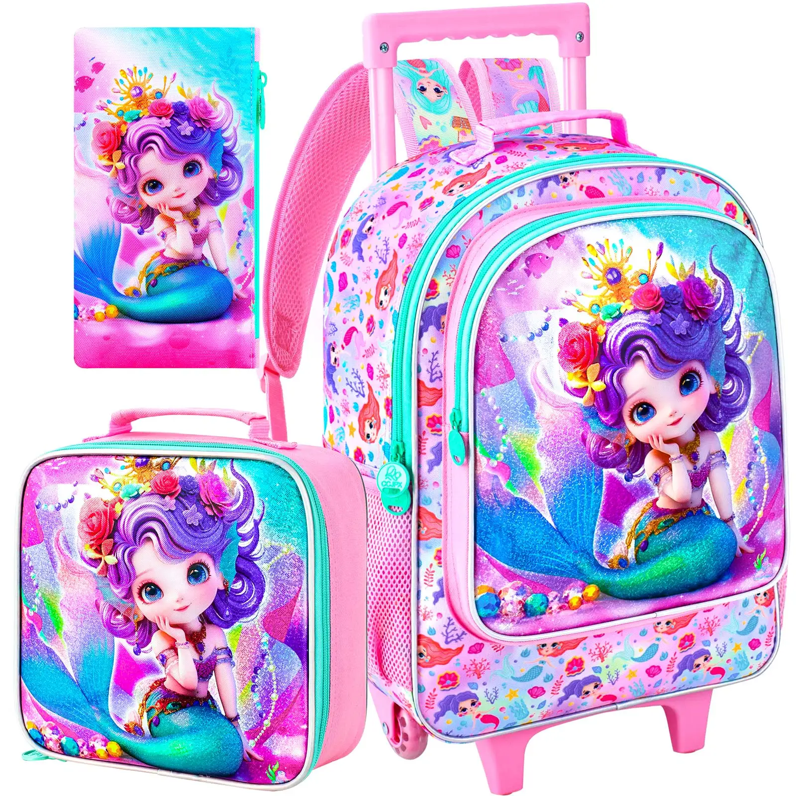 

3Pcs Rolling Backpack for Girls, Kids Roller School Backpack with Wheels, Mermaid Wheeled Bookbag for Elementary Preschool Kinde
