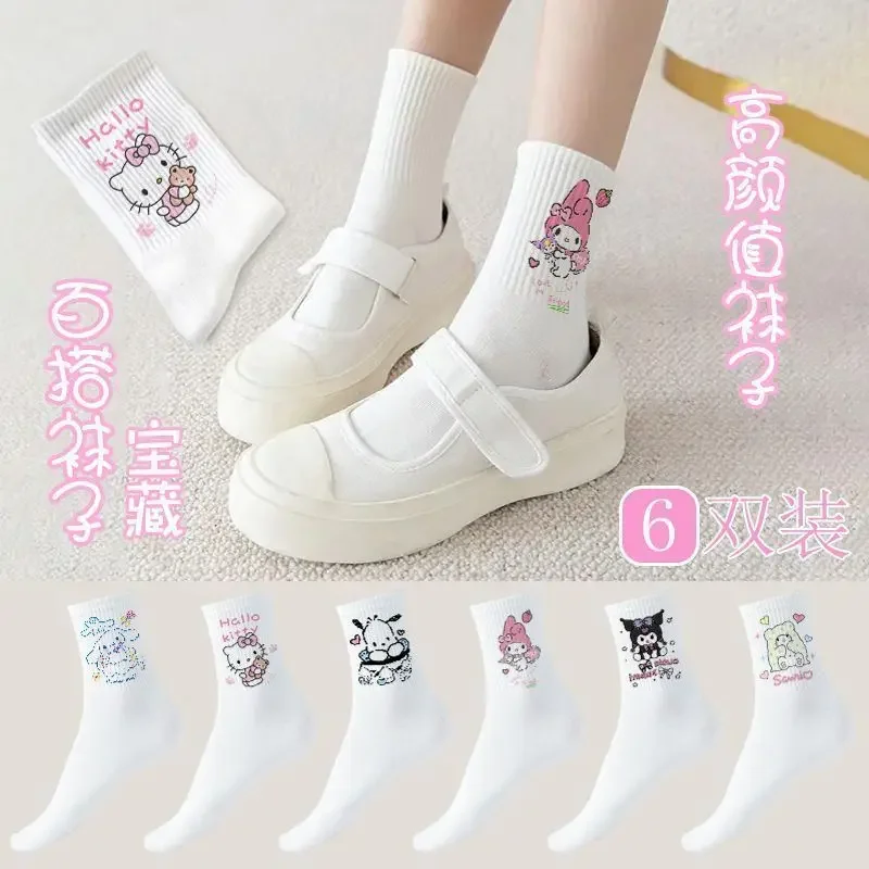 6 Stuks Hello Kitty Anime Kawaii Sanrio Zachte Ins Mode Sokken Vrouwelijke Schattige Cinnamoroll Kuromi Lange Zweet Kous Geschenken Voor Kinderen