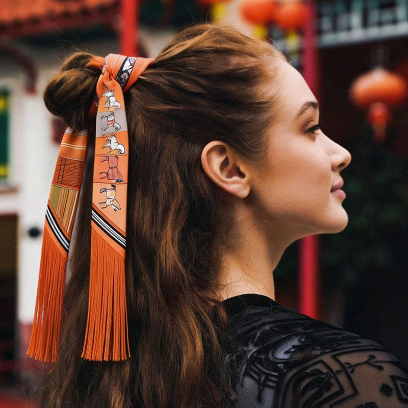 Women Tassel Long Skinny Scarf Retro Equestrian Print Neckerchief Multi-Use Hair Scarf Bag Handle Wrap for Travel and Daily Gift