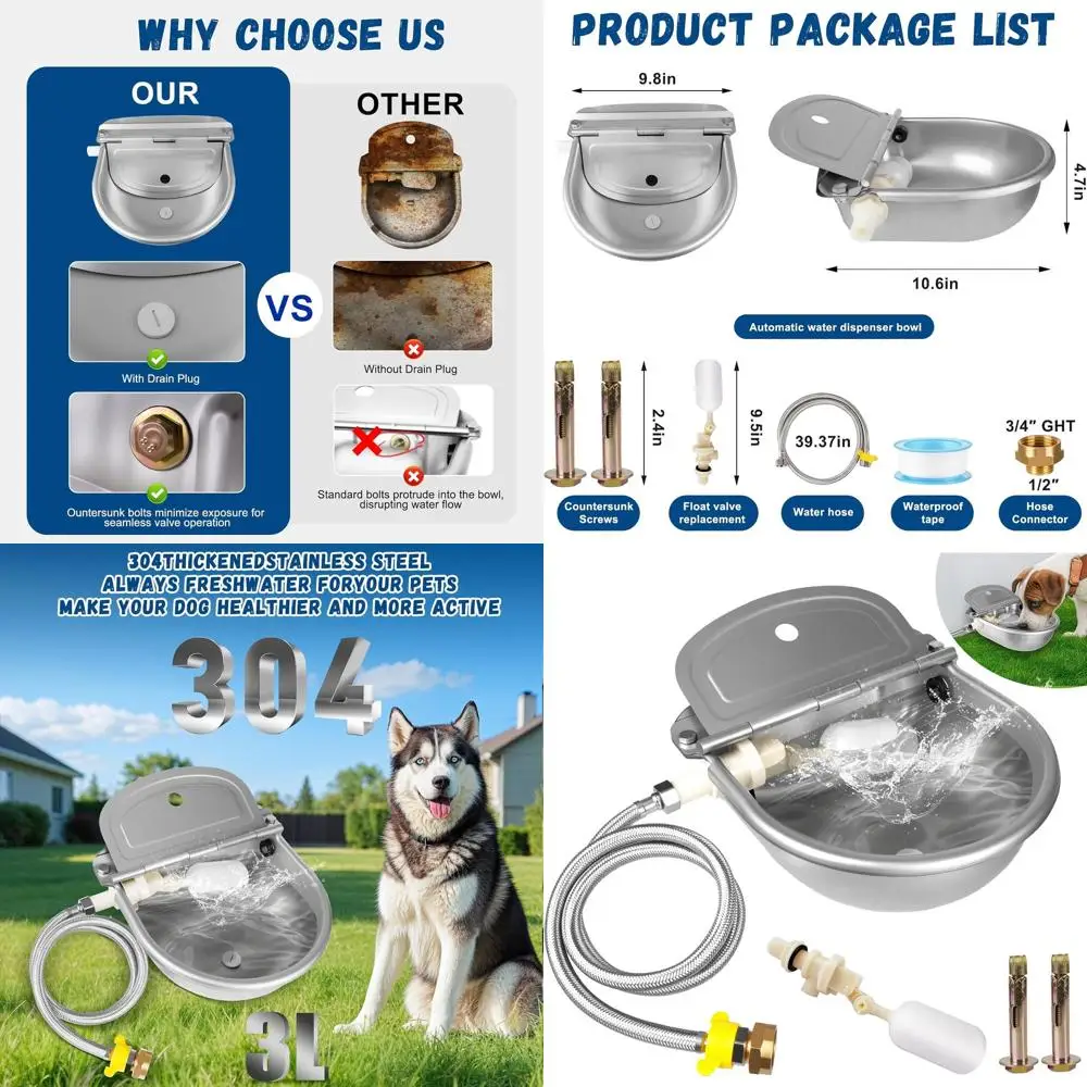 

Automatic Water Dispenser for Dogs, Auto Dog Waterer for Outdoor, Stainless Steel Water Bowl Dispenser for Livestock Waterer,Chi