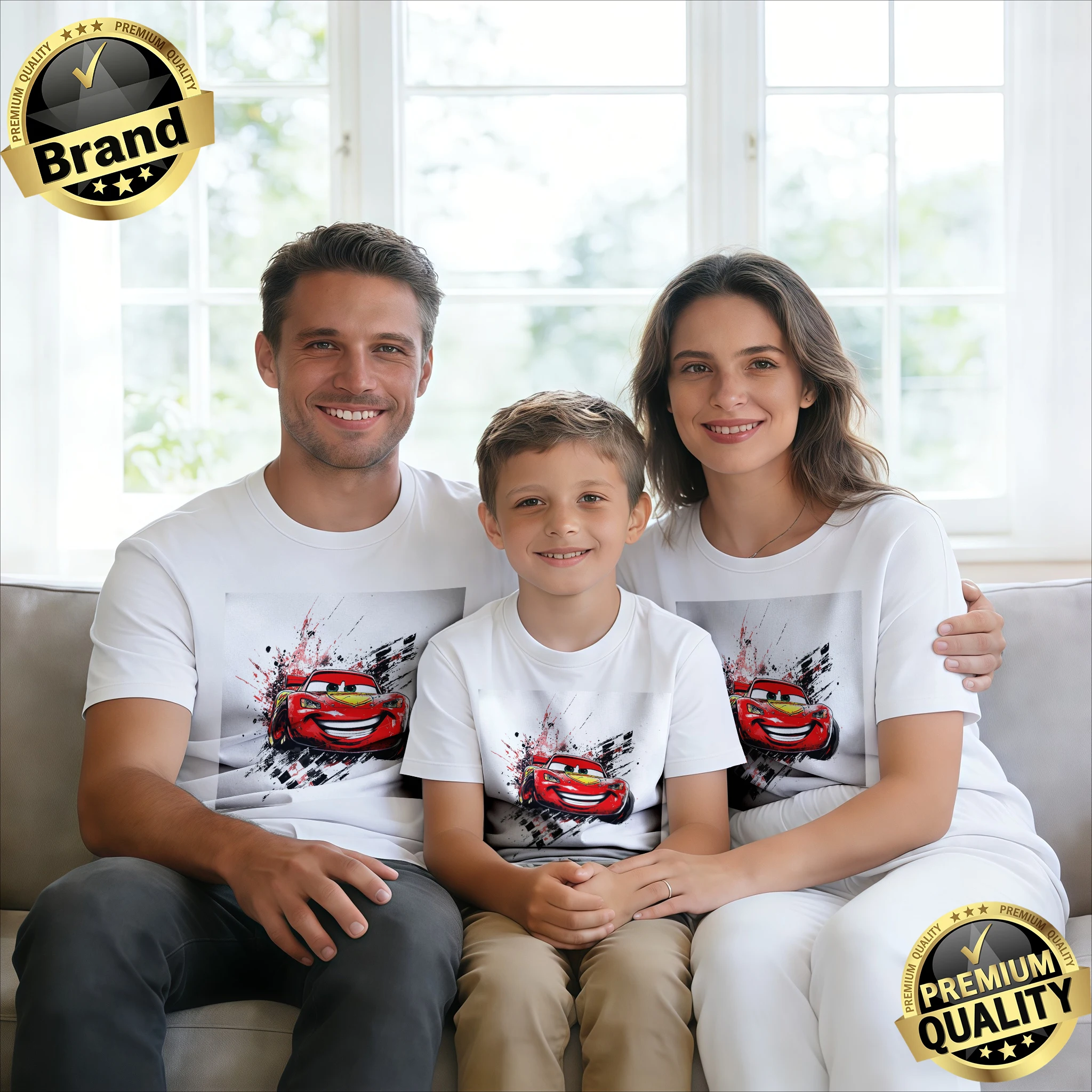 

Летняя футболка 2026 с принтом «Молния Маккуин» для всей семьи: взрослые и дети, хлопковая, с коротким рукавом, свободная, повседневная