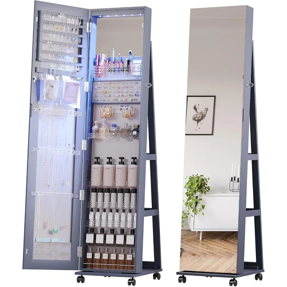 

360° Rotating 64'' Jewelry Armoire with 6 LEDS, Full Length Mirror Large Capacity Jewelry Organizer Armoire, Lockable Floor