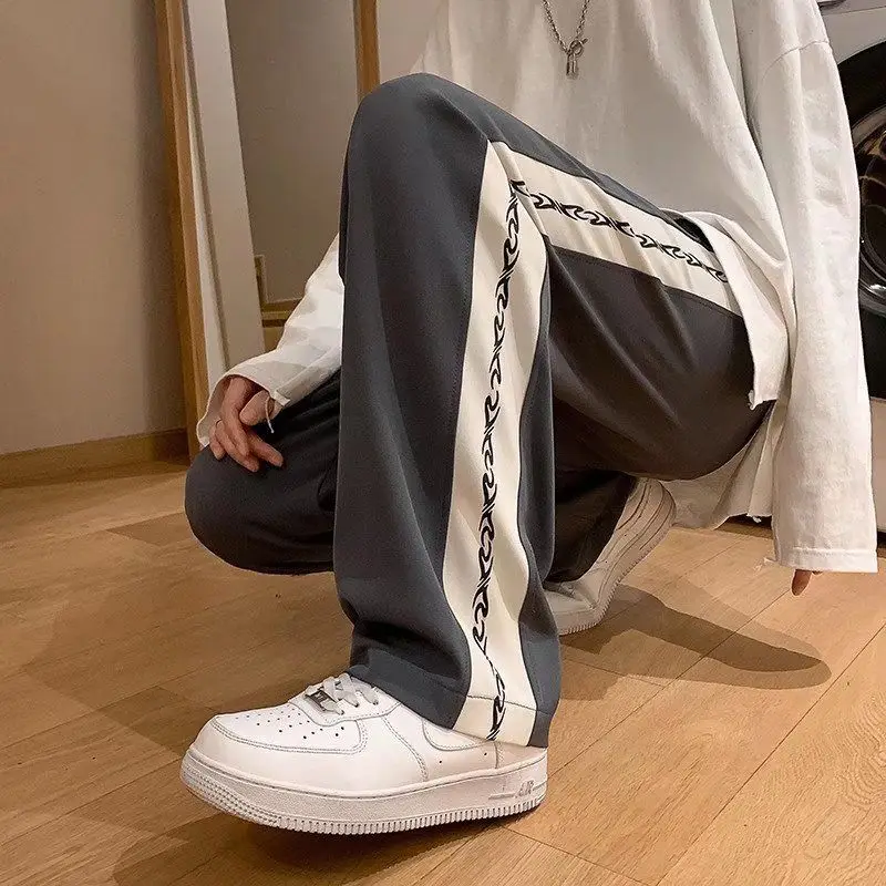 High Street Casual Color Matching Straight Cylinder Sports Pants Man Classic Korean Loose All-match Printing Male Trousers 2023