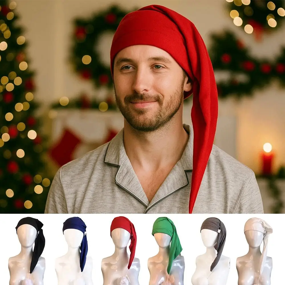هدية حفلة عيد ميلاد قبعات نوم ليلية مرنة مع كرة بوم قابلة للتعديل، قبعة سانتا، قبعة طويلة الذيل، قبعة بونيه للنساء والرجال