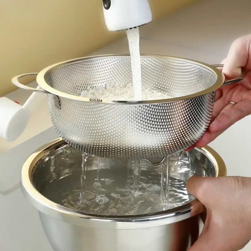 New All Purpose 304 Stainless Steel Fine Mesh Strainer Net Baskets with Handles Resting Base Colander Set Kitchen Supplies