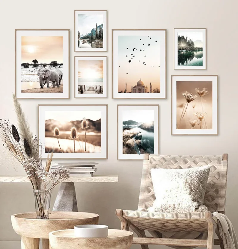 

Beige Grass Mountain Forest Lake Elephant Bird Posters And Prints Wall Art Canvas Painting Wall Pictures For Living Room Decor