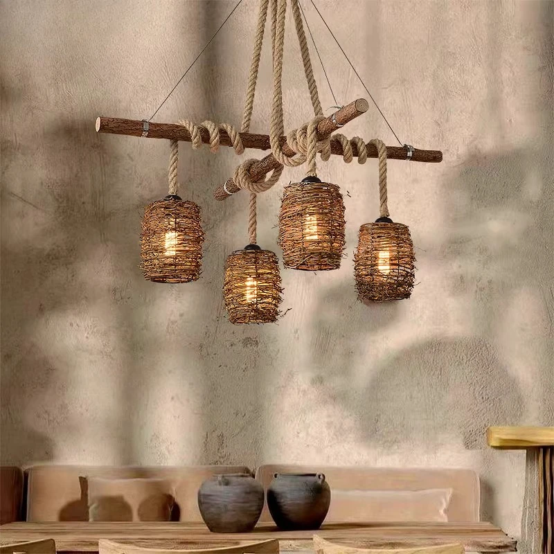 

American Country Chandelier Restaurant Tea Room Zen South East Asia Light Fixture Vintage Rattan Hemp Rope Homestay Hanging Lamp