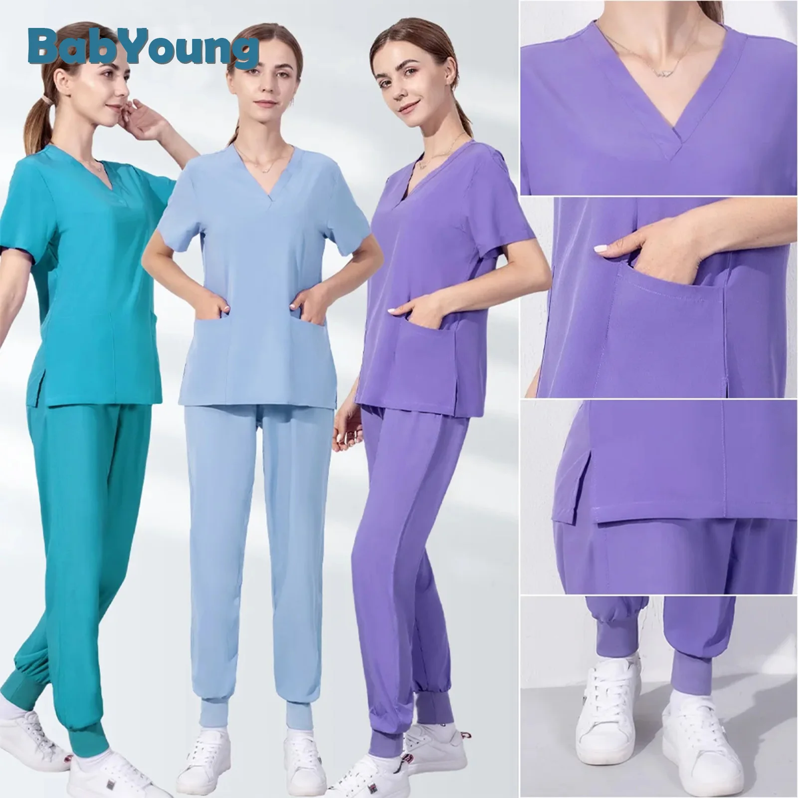 Vestido cirúrgico de cor sólida para as Mulheres, Bolso V-Neck Bocadores, Moda Scrubs Ternos, Conjuntos de Uniforme Hospitalar, Atacado