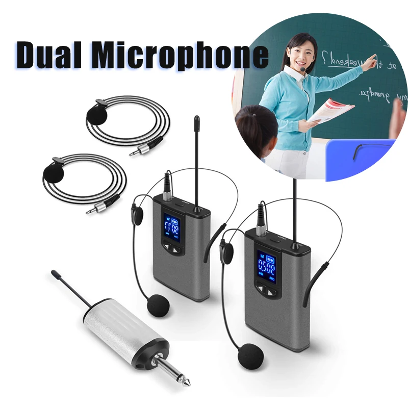 

Wireless System With Dual Headset Mics/lavalier Mics Dual Bodypack Transmitters And One Mini Rechargeable Receiver