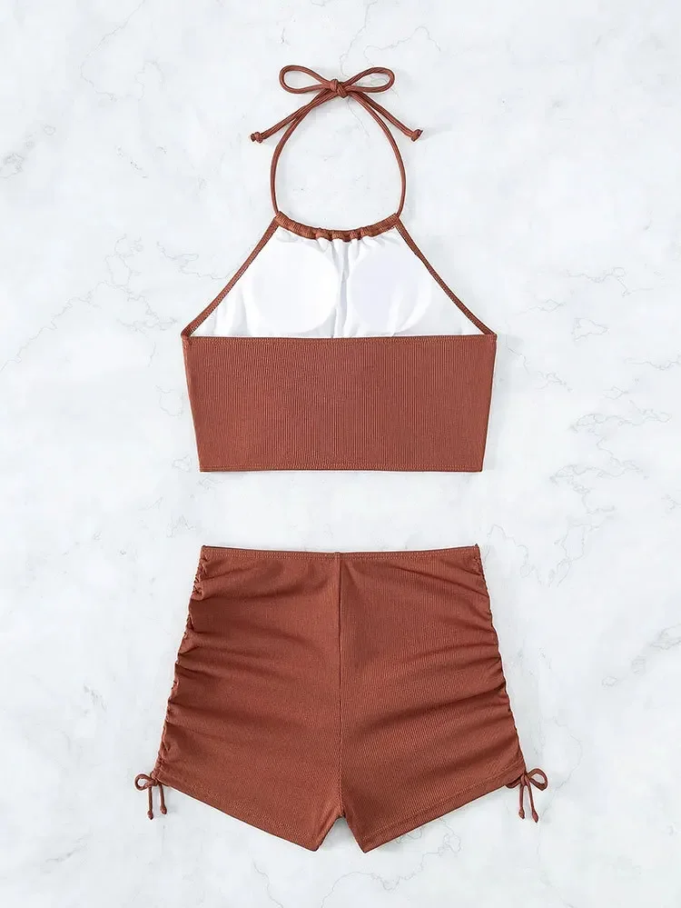 2025 جديد بلون ملابس السباحة النسائية الرسن الدانتيل متابعة حمالة ملابس السباحة عالية الخصر حلقة الرباط السراويل Tankinis ثوب السباحة