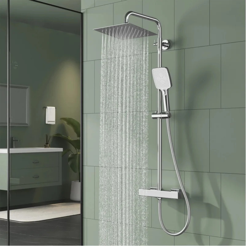 Duschsystem mit Thermostat Komplettset, Regendusche mit Armatur und 3 Strahlarten, Handbrause, Duscharmatur Schwarz/Chrom mit Verbrühschutz (PPA-Wasserweg), Duschset inklusive 30 x 20 cm / 25