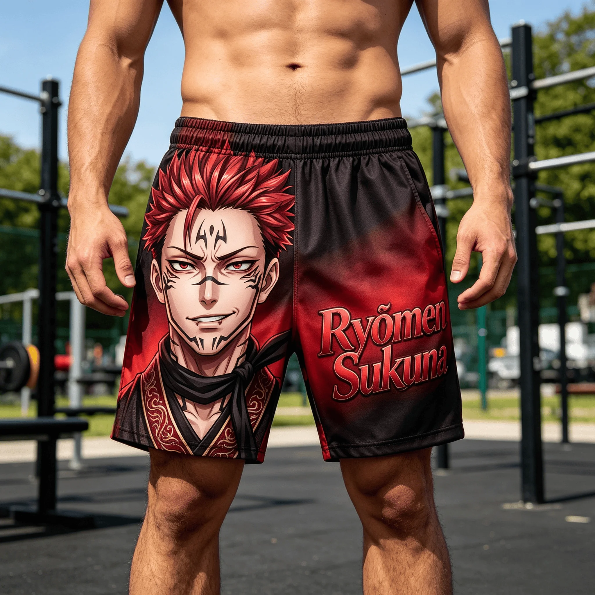 Anime Jujutsu Kaisen Ryomen Sukuna Print Shorts, Gradient Black Red Quick Dry Breathable Casual Beach Shorts,  Sports Shorts