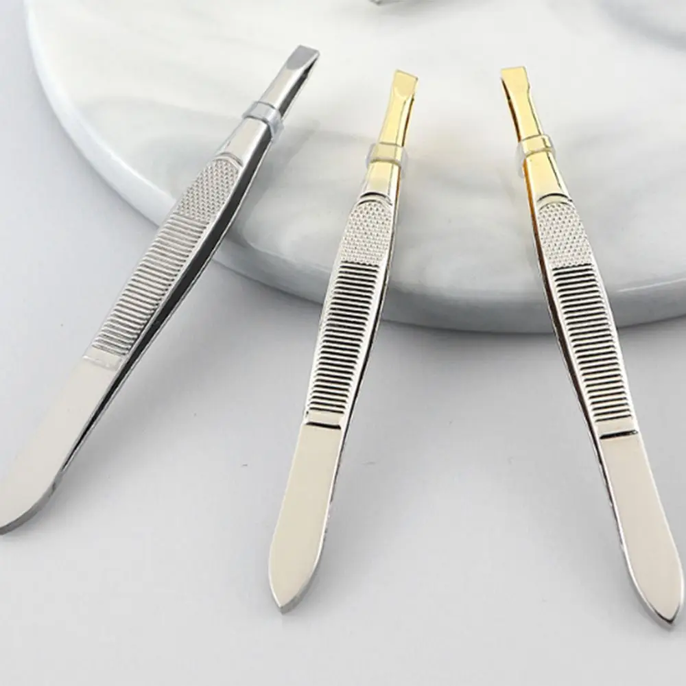 Stainless Steel Eyebrow Trimming Tweezers Flat Tip Plucking Eyelash Curler Mesh Stripe Handle Slant Tip Eye Brow Clips Girl