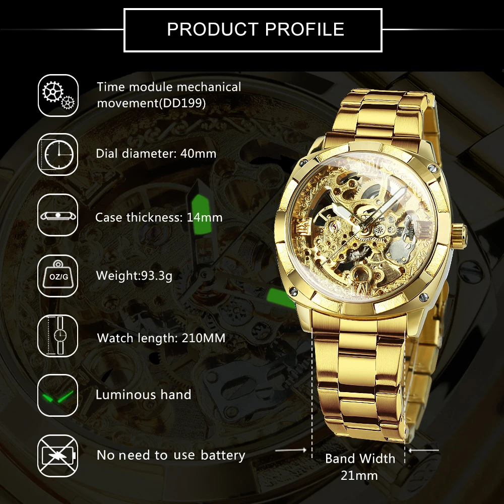 Forsining Gold Mens Watches Top Brand Luxury Skeleton Automatic Mechanical Watch for Men Stainless Steel Band Fashion Wristwatch image 6