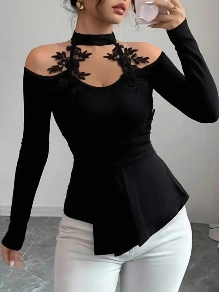 Women's New Slim Hanging Neck Versatile Top Autumn Hollow Off-the-shoulder Pleated Curved Hem Solid Color Long-sleeved Tops