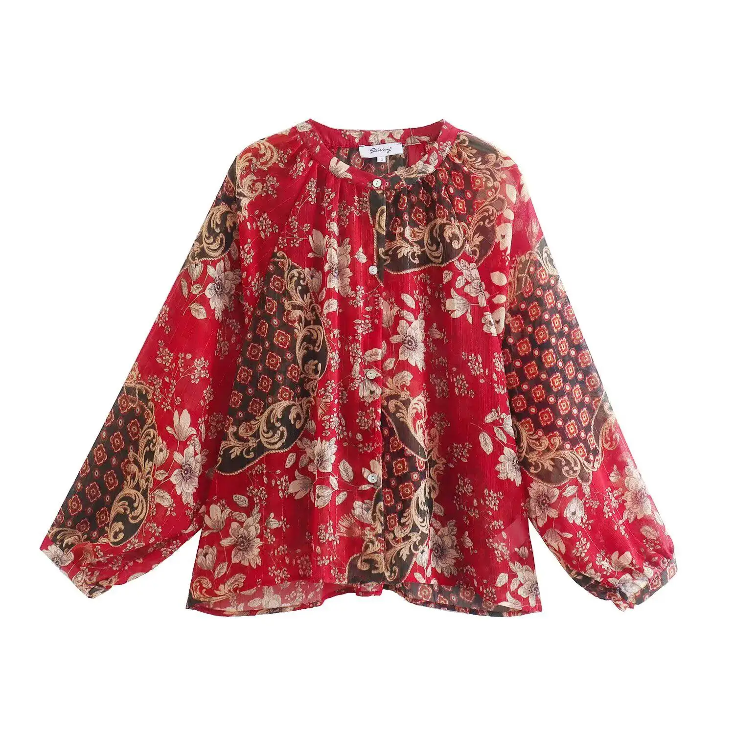 

Women's Red Print Chiffon Blouse for Women 2026 Spring Long Sleeve O-Neck Tops Gold Thread Casual Loose Temperament Coat