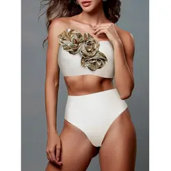 Golden 3D Flower Bikini Solid Black or White Swimsuit Sexy High Waisted Strapless Bikini Women Two Pieces Swimwear for Swimming