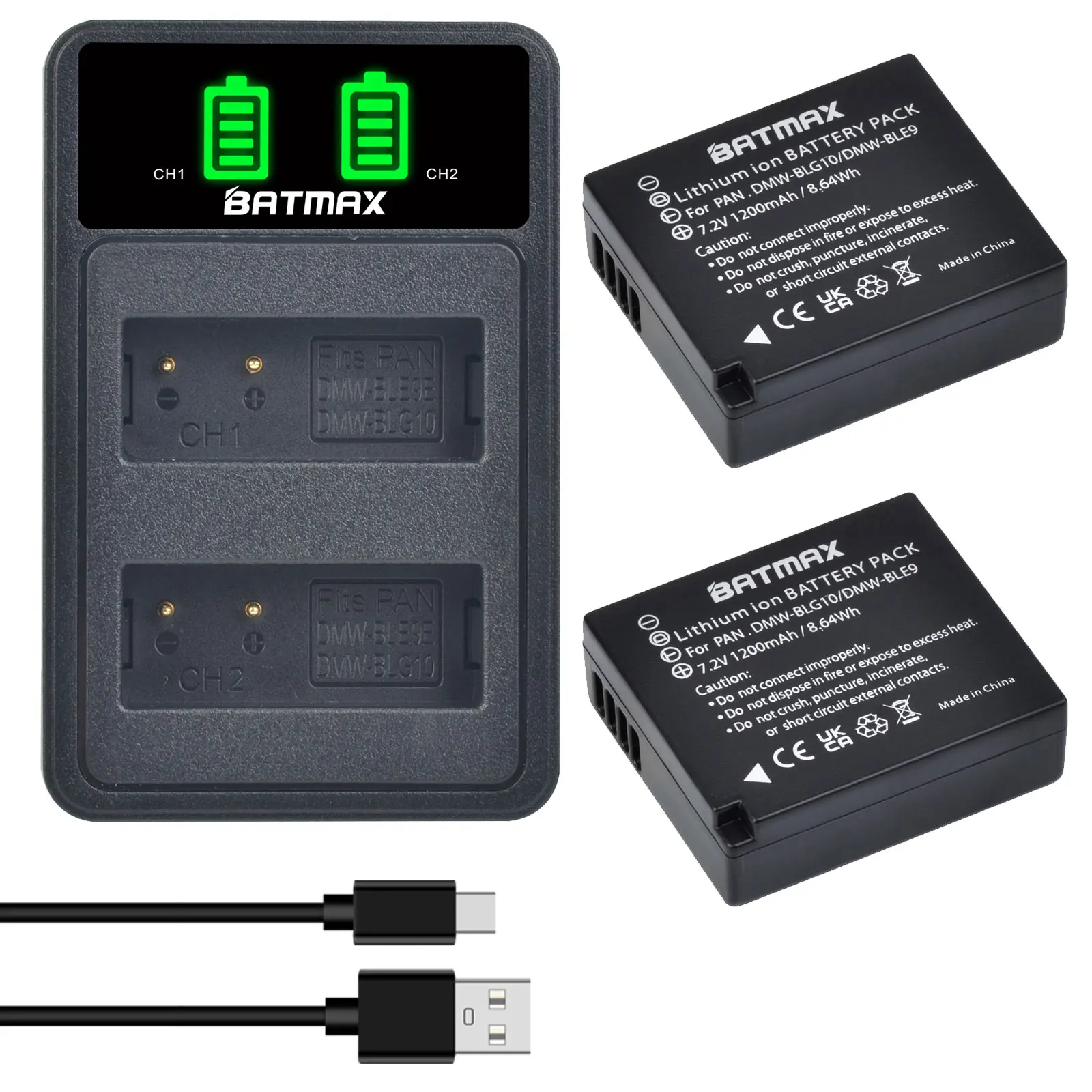 Batmax DMW-BLE9 DMW-BLG10 BPDC15 battery+LED Dual USB Charger with Type C Port for Panasonic LUMIX GF5 GF6 GX7 LX100 GX80 GX85