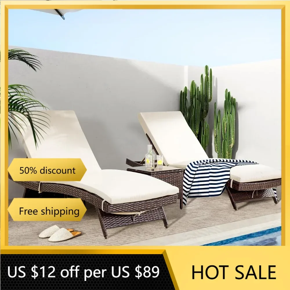 Patio Chaise Lounge Set 3 Pieces with Adjustable Backrest and Removable Cushion, Outdoor Pool Chair