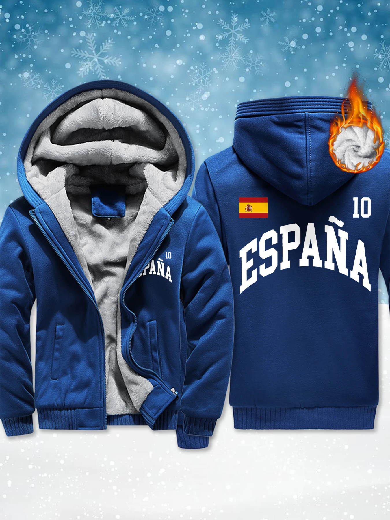 

España Flag Number 10 Print Mens Fleece Pocket Jacket Thicken Comfy Outwear Winter Zip-Up Hoodie Basic Warm Coat New Fashion Top