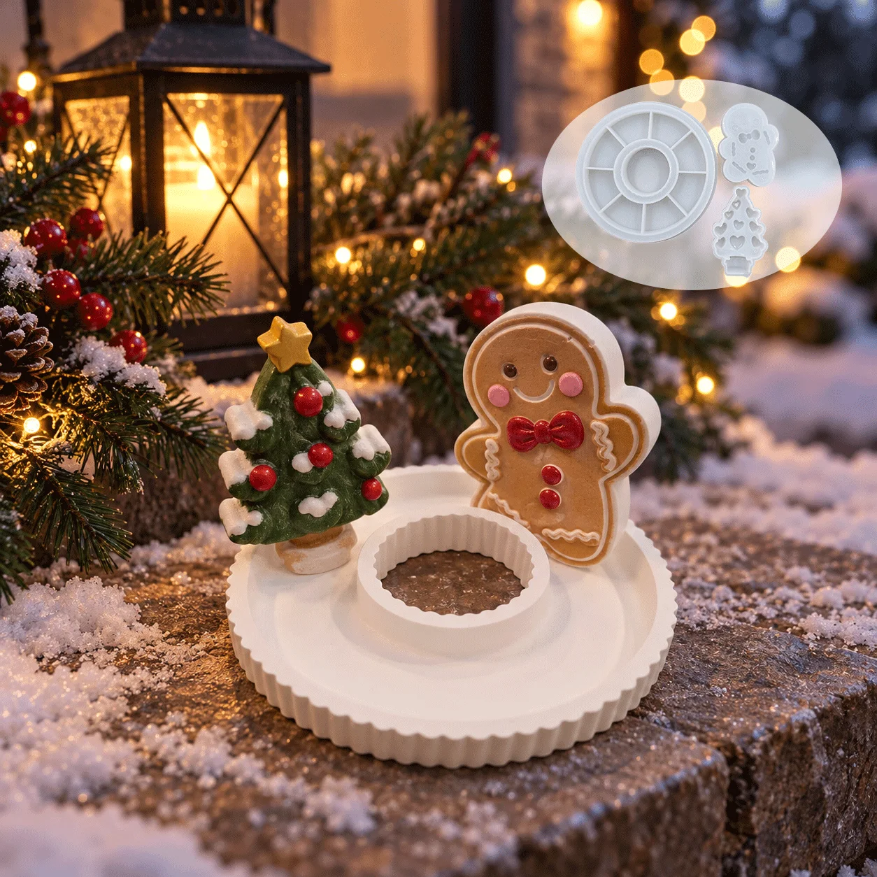 Christmas Gingerbread Man&Heart Christmas Tree Resin Mold Set, Circular Tray Silicone Mold, DIY Epoxy Gypsum Candle Soap Christm