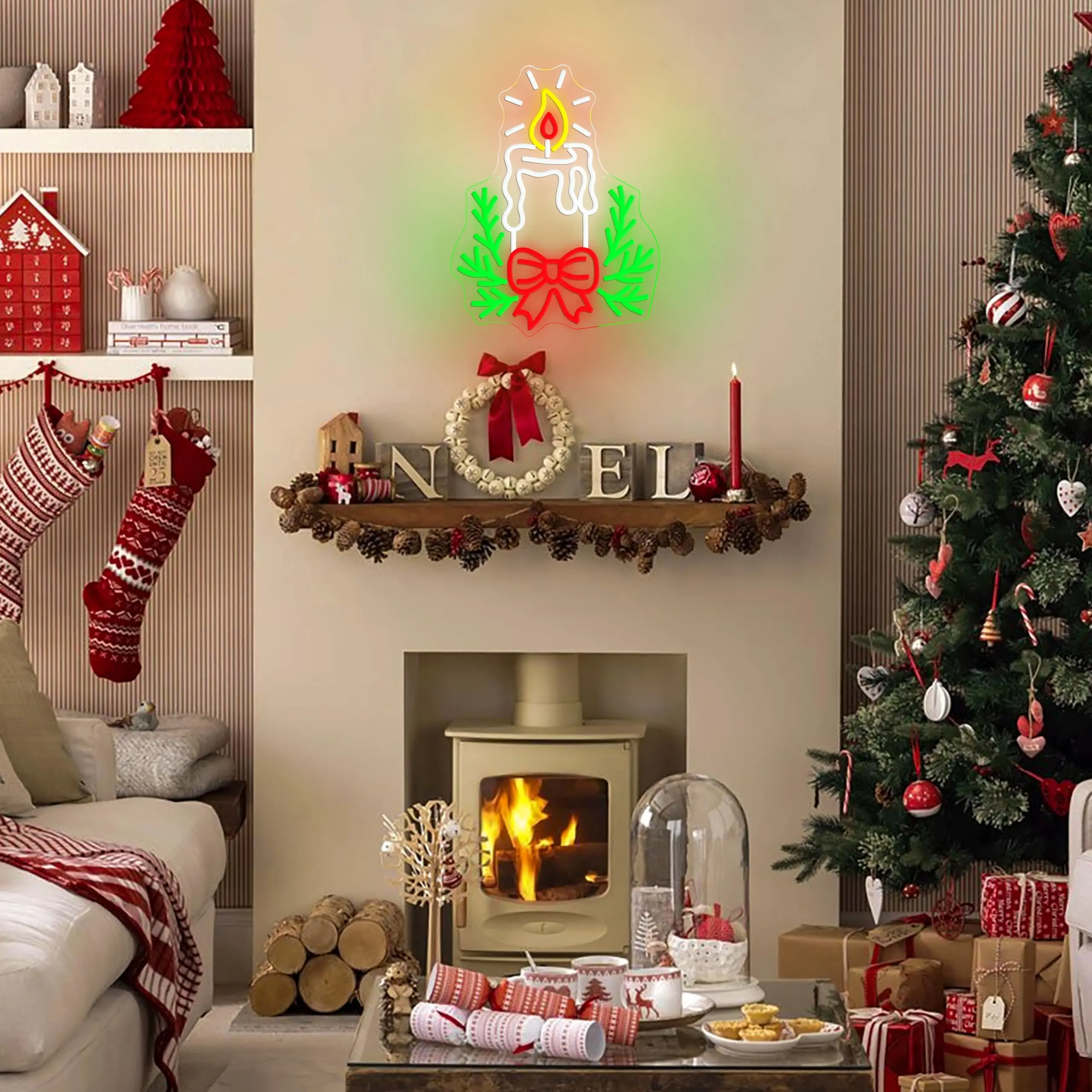 شمعة عيد الميلاد النيون تسجيل مع عكس الضوء التبديل عيد الميلاد القوس هولي ضوء النيون تسجيل للمنزل السنة الجديدة حفلة الكنيسة مخزن ديكور