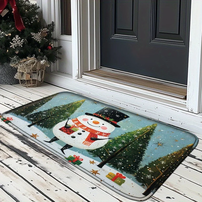 Cartoon Christmas Snowman and Tree Pattern Bathroom Non-silp Doormat Suitable for Livingroom Entrance Decorative Accessories Pad